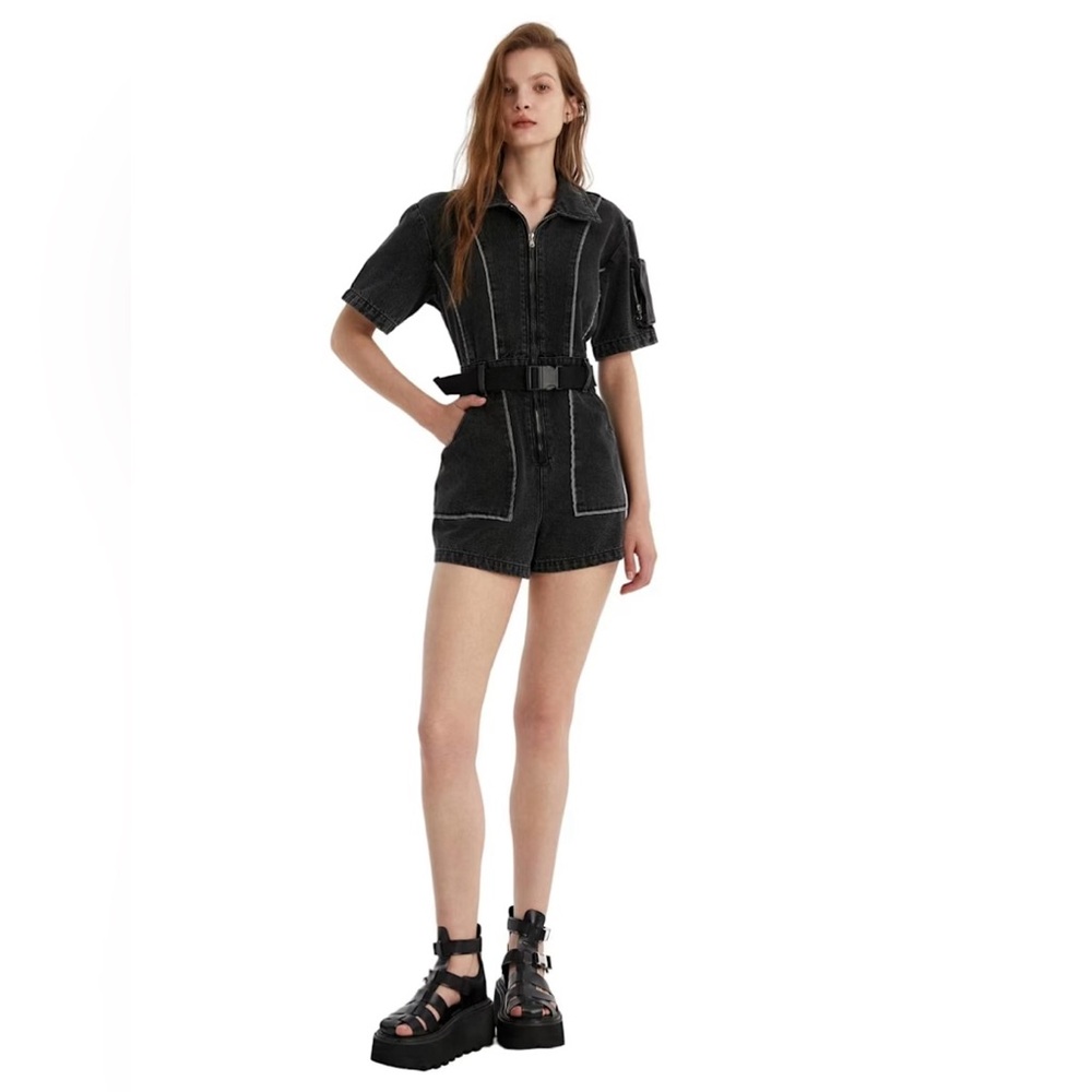 Urbanic Pocket Denim Jumpsuit With Refelctive Binding - Black